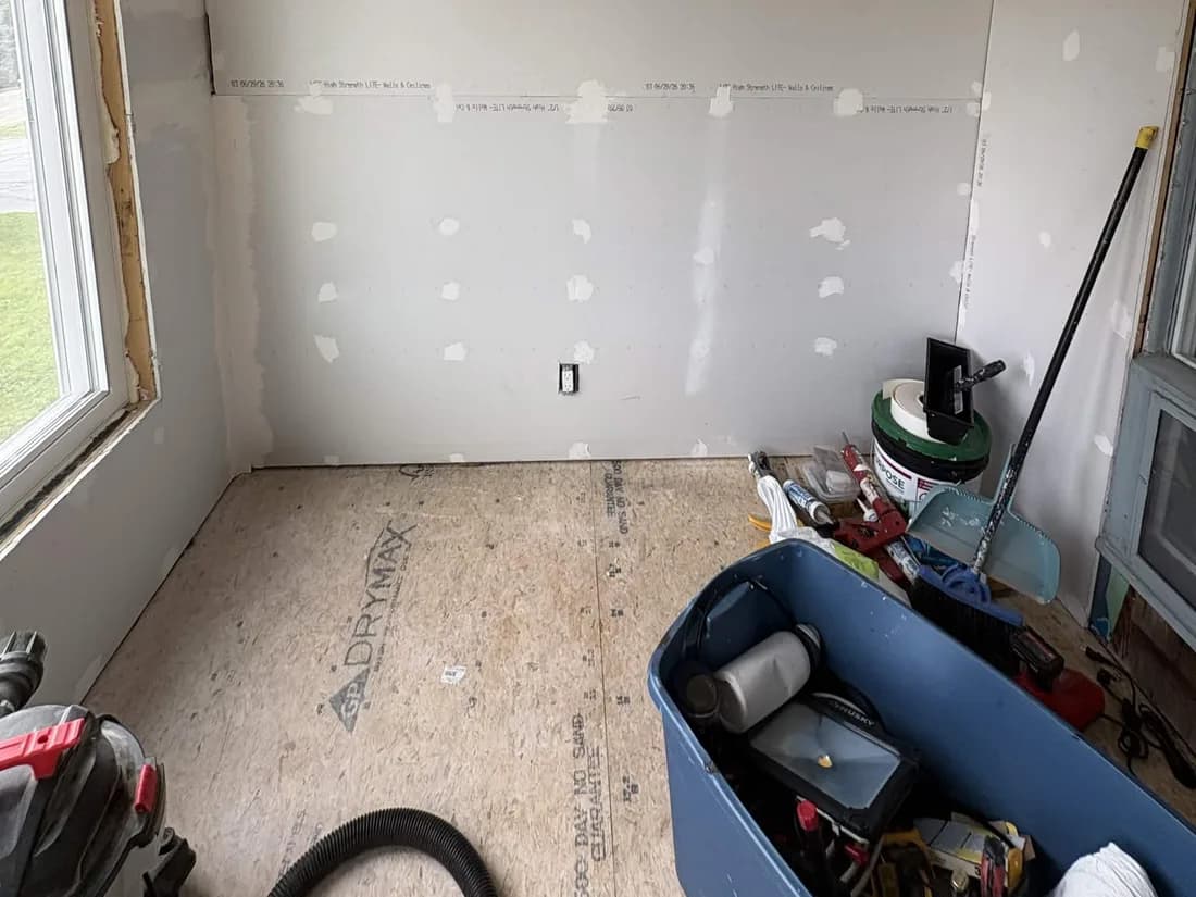 Four seasons room in Davis with drywall hung and the seams still unfinished